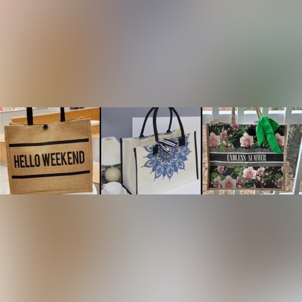 (3) Three Festival Jute Totes…